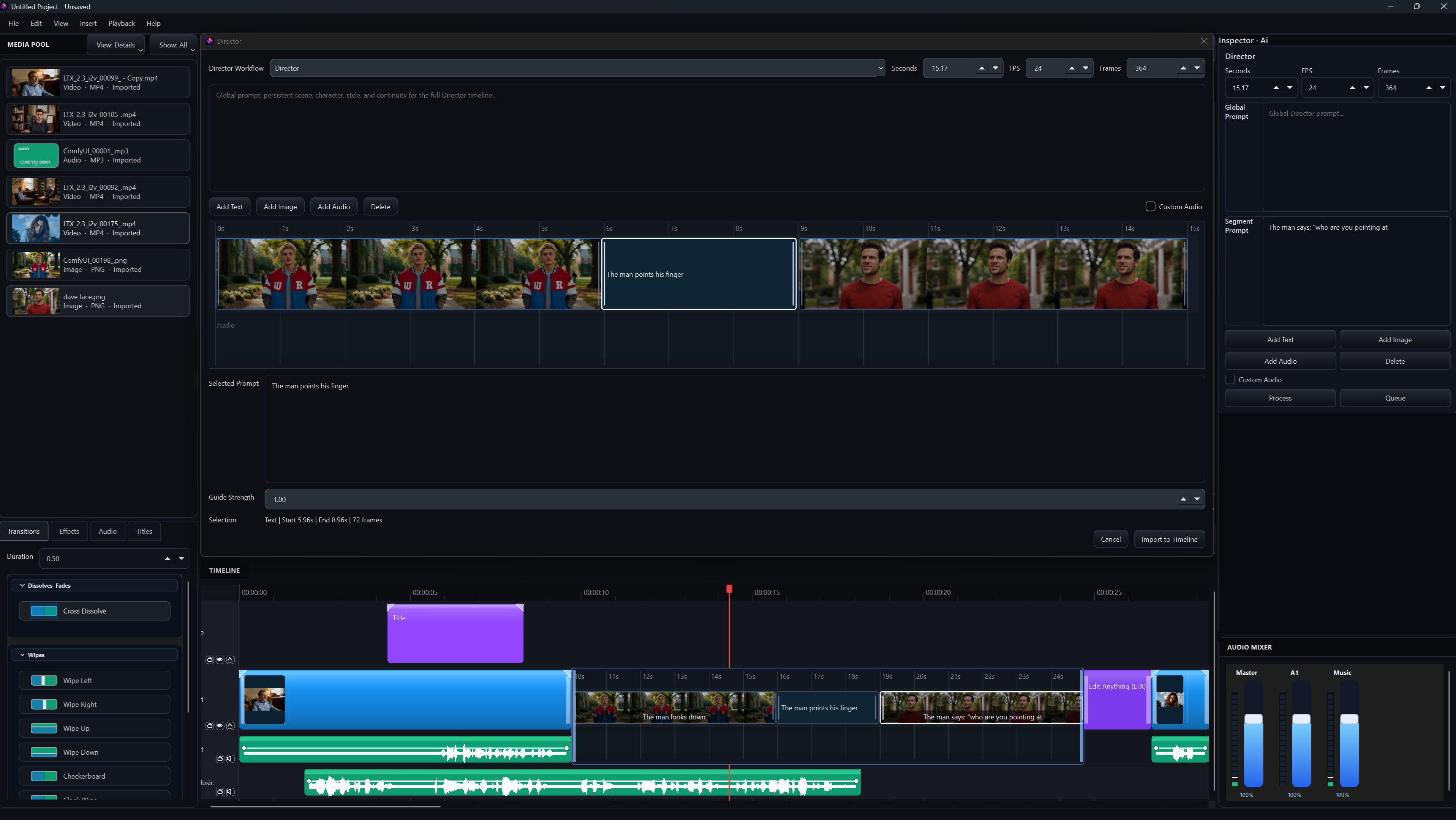 LTX Director panel built into Cynara with segment prompts and timeline import controls.