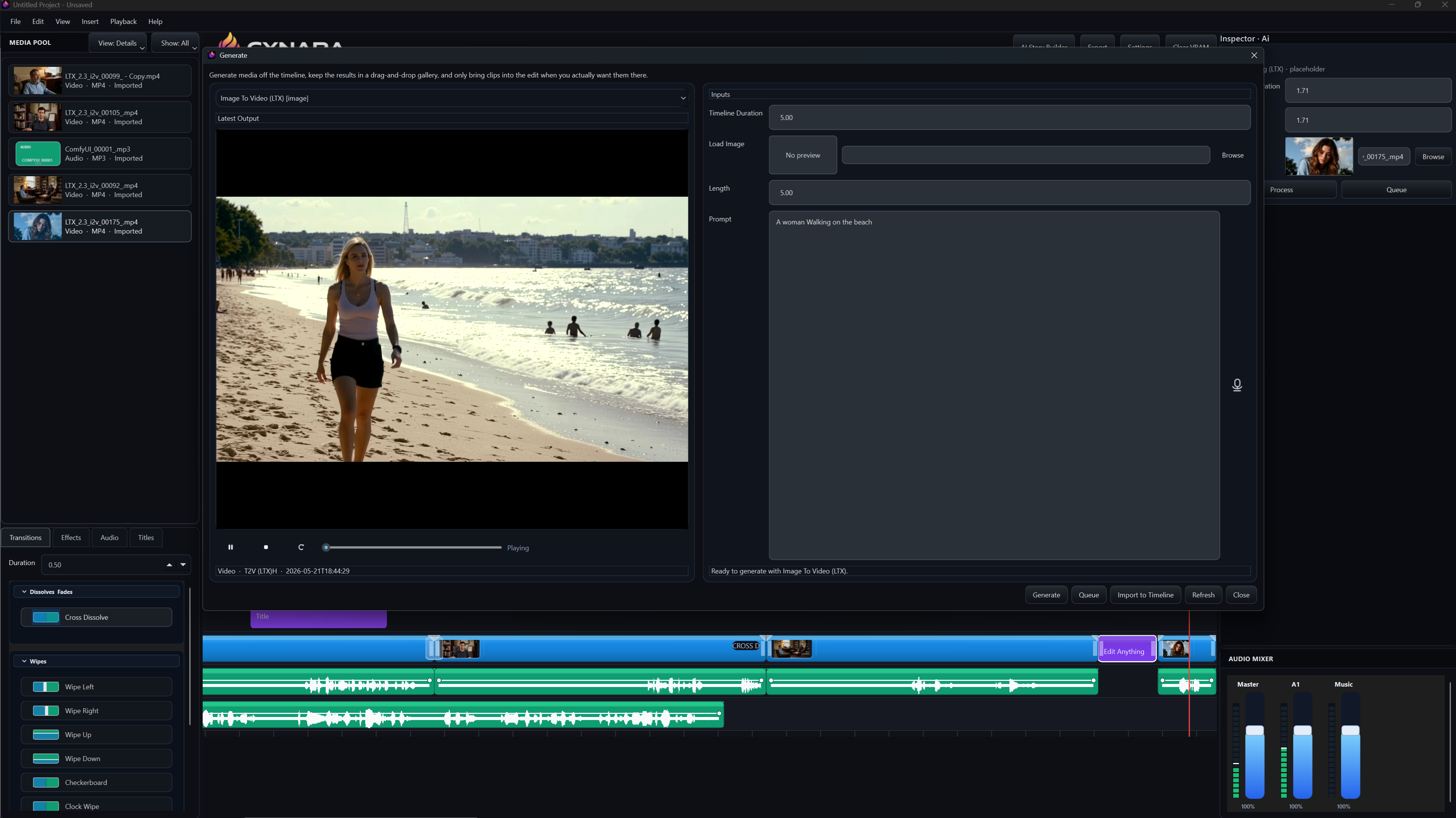 Generate panel showing an image-to-video workflow with prompt controls and timeline integration.