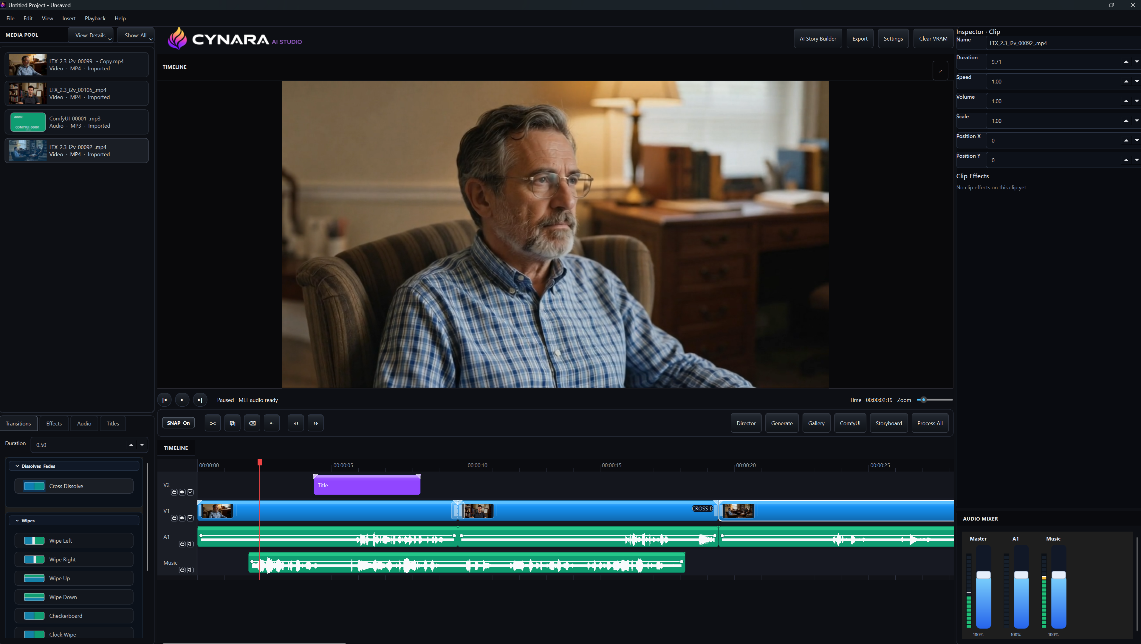 Cynara AI Studio timeline editor with media pool, preview, audio tracks, transitions, and inspector panels.