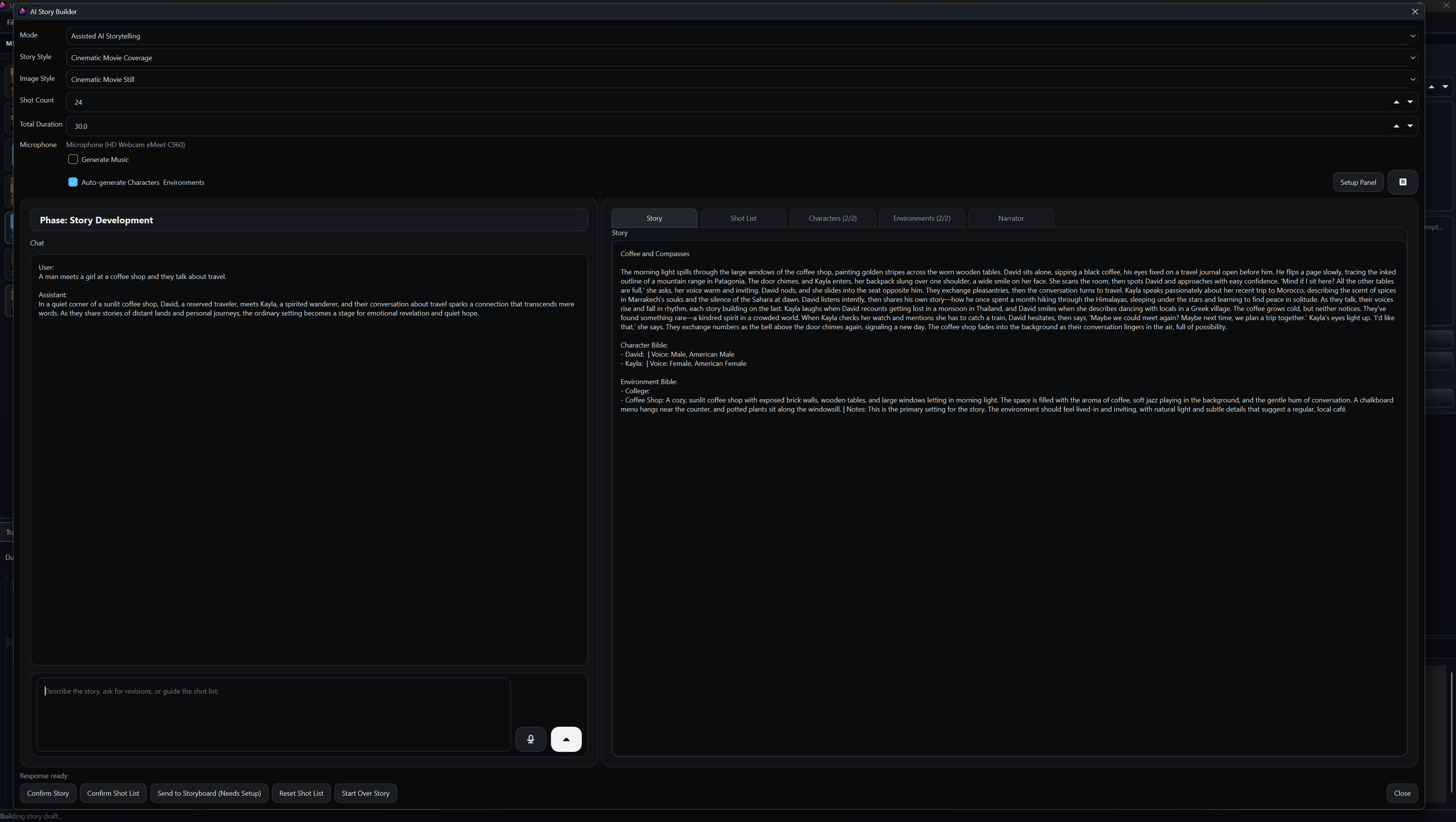 AI Story Builder interface in Cynara AI Studio.